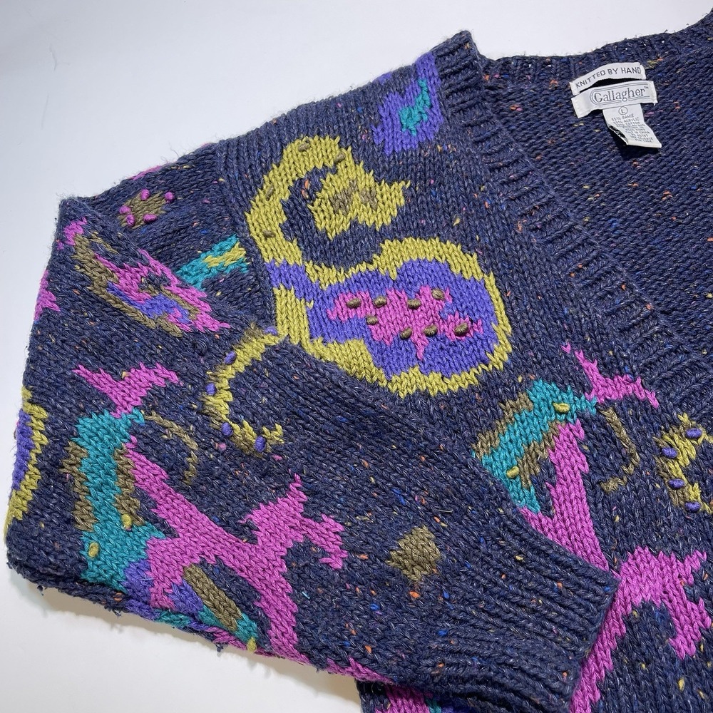 Gallagher Vintage Hand Knit Sweater Cardigan Navy Pink Turquoise Women's Large - Picture 8 of 14